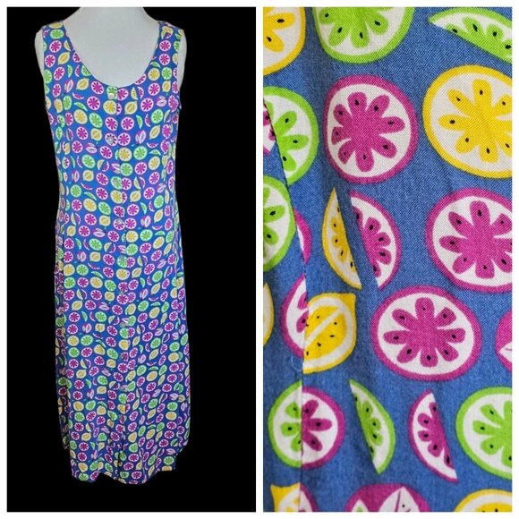 Retro 90s Fruit Print Colorful Maxi Button Down Dress Long Rayon Sz L Or Loose M - Picture 1 of 12